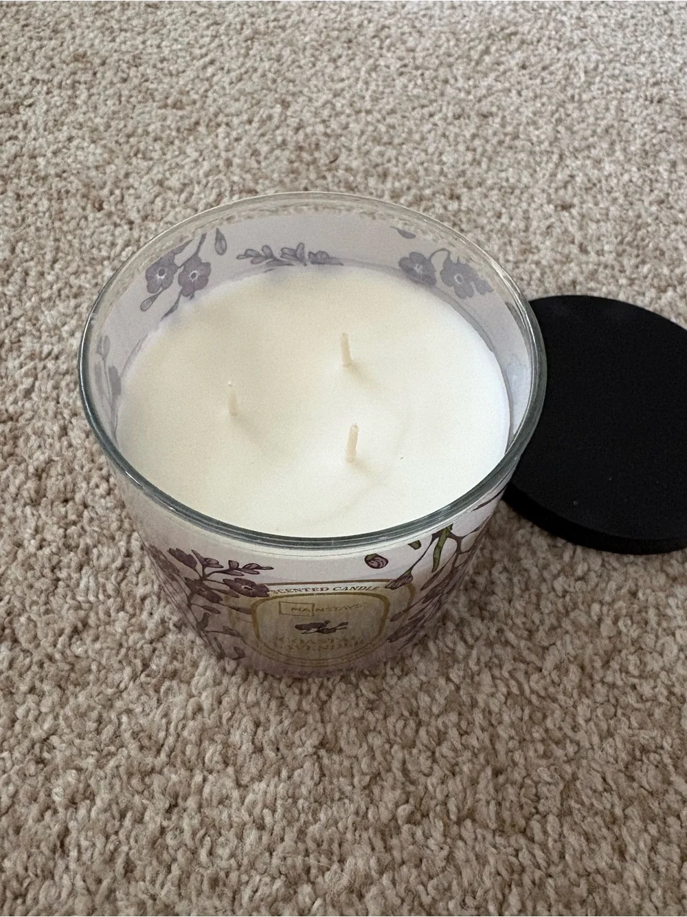Three-Wick White Decorative Candle with Floral Glass Jar